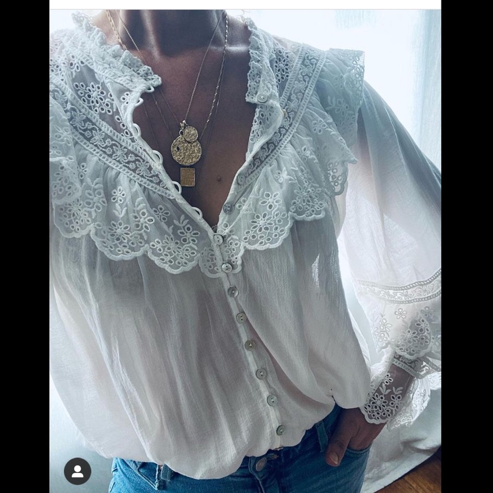 Spell & The Gypsy Collective Ella white Lace Top bell sleeve button blouse M